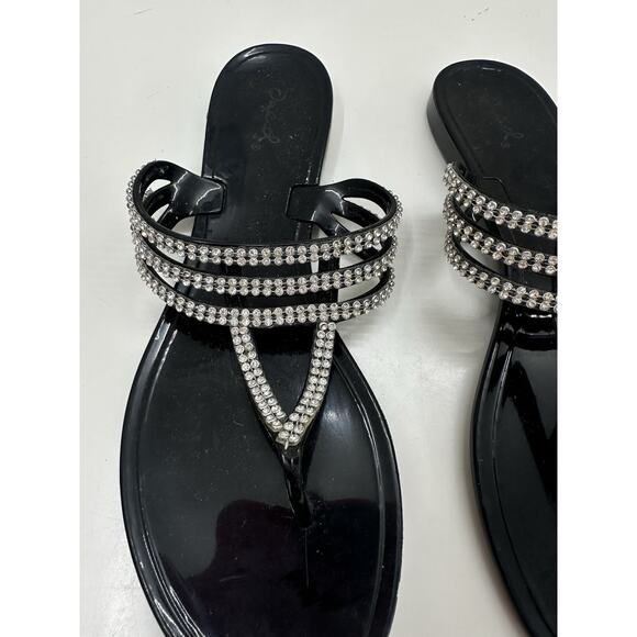 Qupid Womens Sandals Size 41 Black Gem Embellished Thong Slip On - Picture 4 of 9